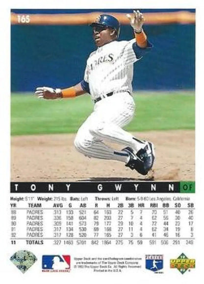 Baseball card of Tony Gwynn sliding into base in San Diego Padres uniform