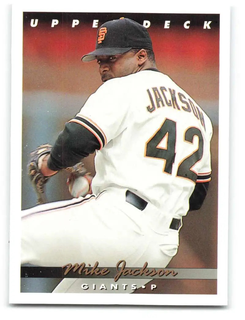 Baseball card of Mike Jackson in mid-throw for San Francisco Giants jersey number 42