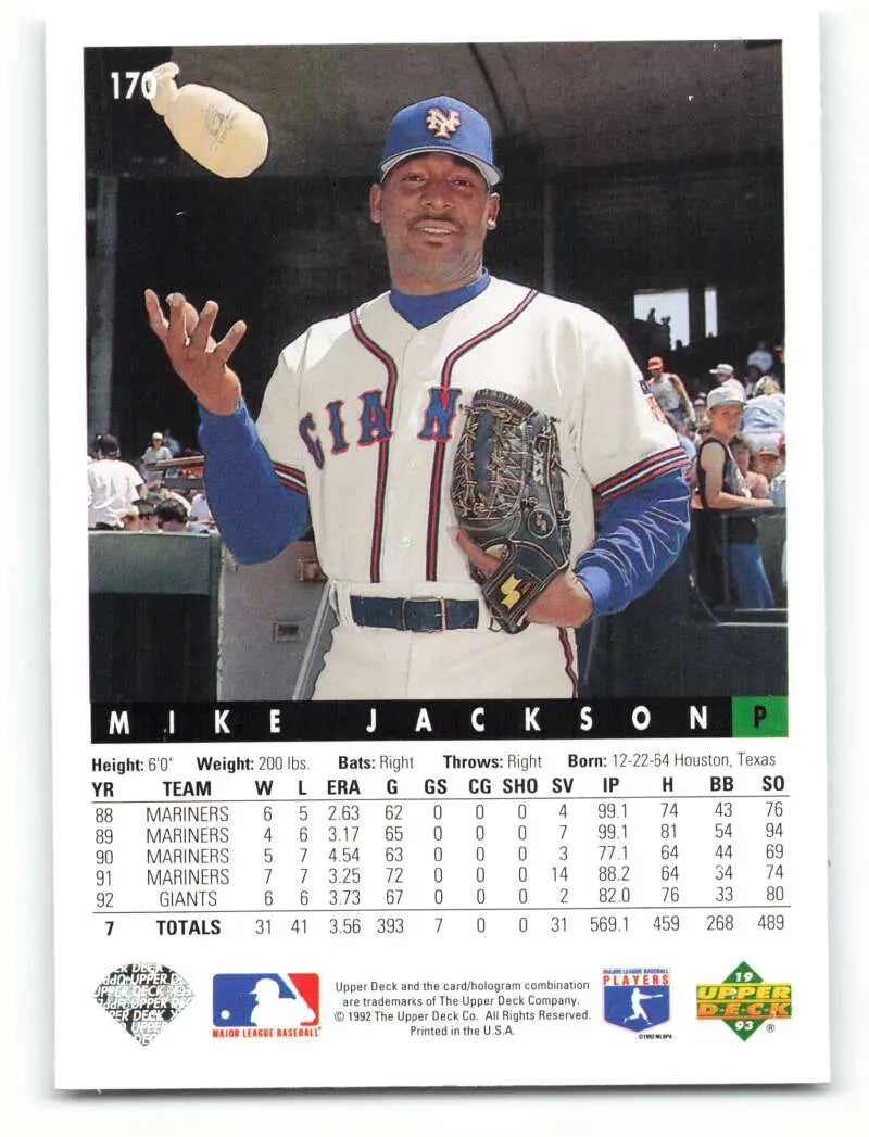 Mike Jackson in New York Mets uniform tossing a baseball from 1993 Upper Deck card