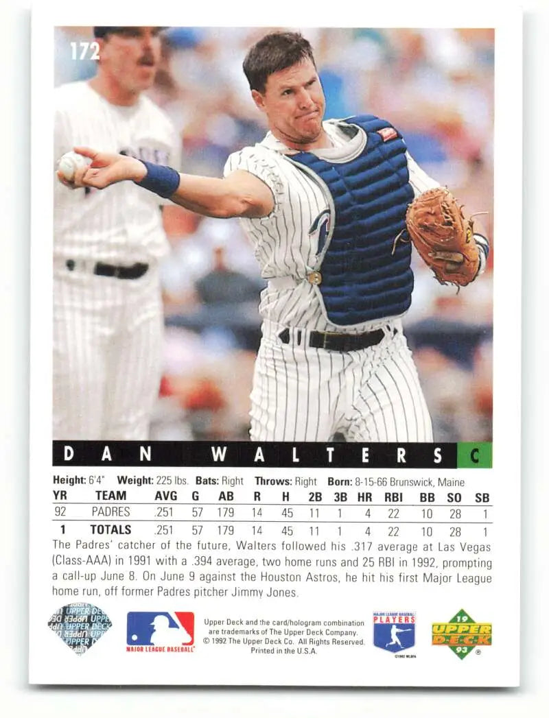 Baseball card of Dan Walters in pinstriped uniform for San Diego Padres making a throw