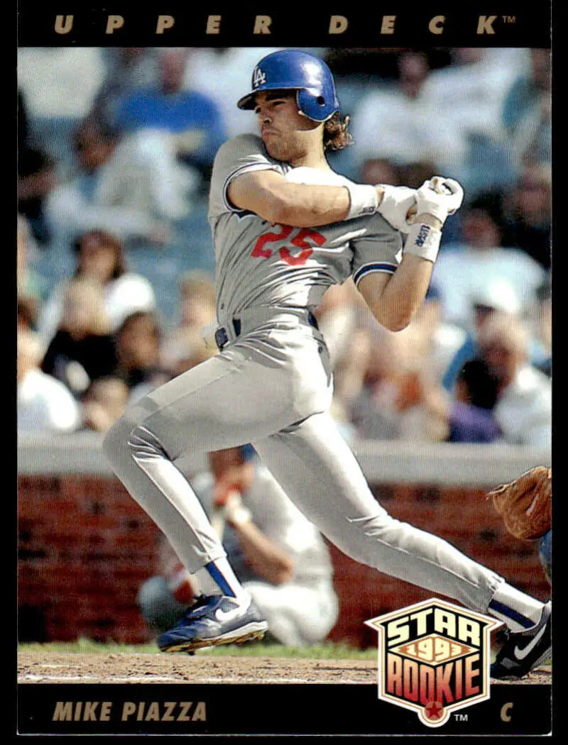 Baseball player Mike Piazza in Los Angeles Dodgers uniform swinging bat during game