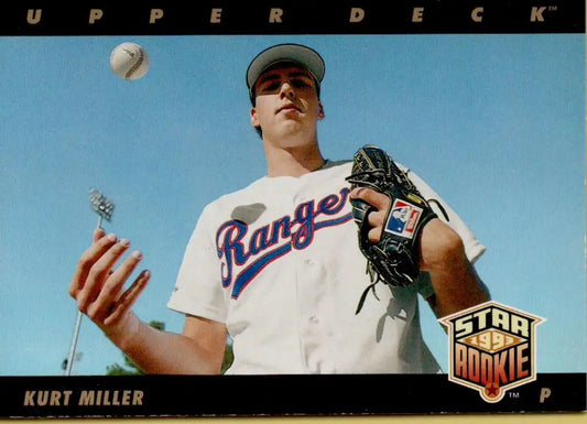 Kurt Miller in Texas Rangers uniform tossing baseball on 1993 Upper Deck card