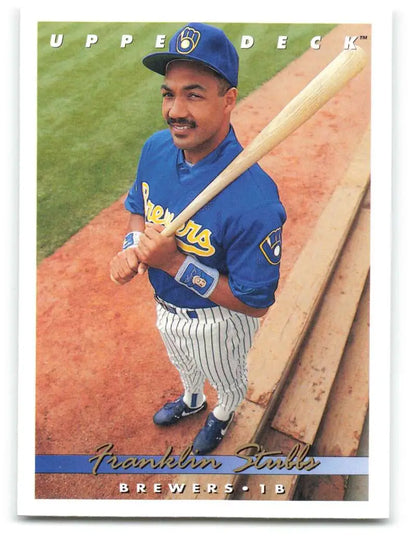 Milwaukee Brewers baseball card of Franklin Stubbs in blue uniform with bat