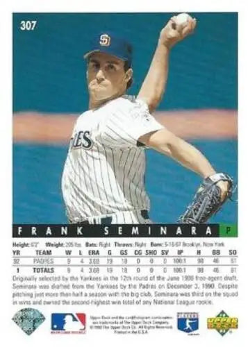 1993 Upper Deck #307 Frank Seminara baseball card with original gloss, Padres