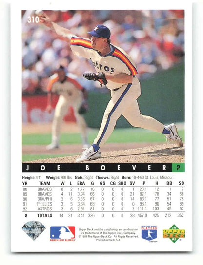 Baseball player Joe Boever delivering a pitch in Houston Astros uniform for Upper Deck card