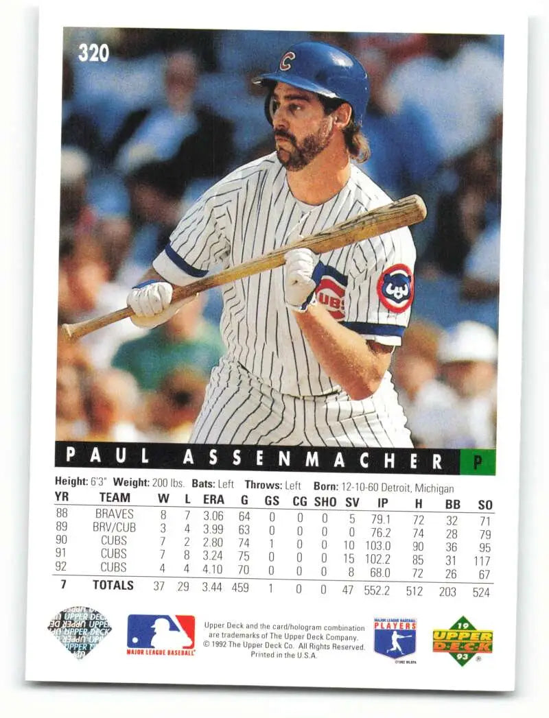 Chicago Cubs Paul Assenmacher at bat in pinstripe uniform on Upper Deck baseball card