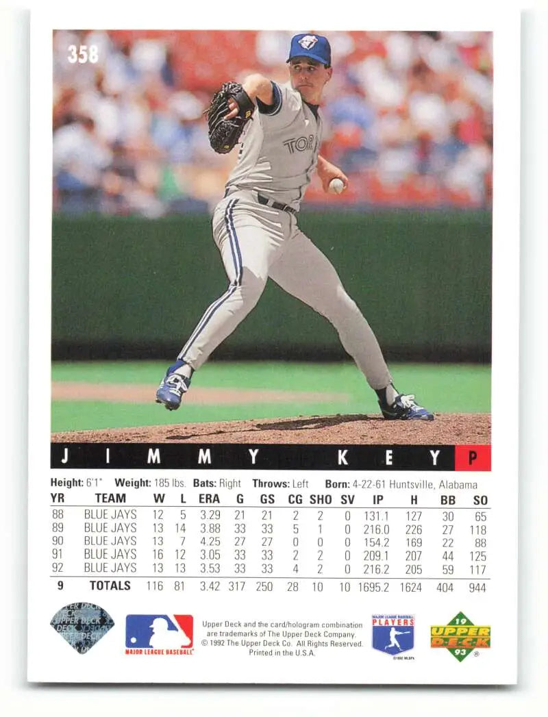 Baseball card of Jimmy Key pitching for the Toronto Blue Jays in 1993