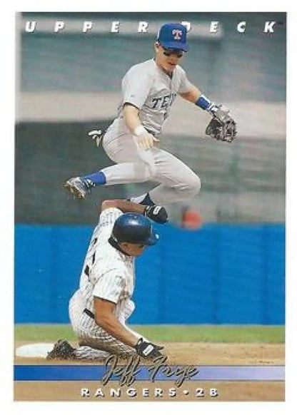 Baseball player leaps over sliding baserunner on 1993 Upper Deck Jeff Frye Texas Rangers card