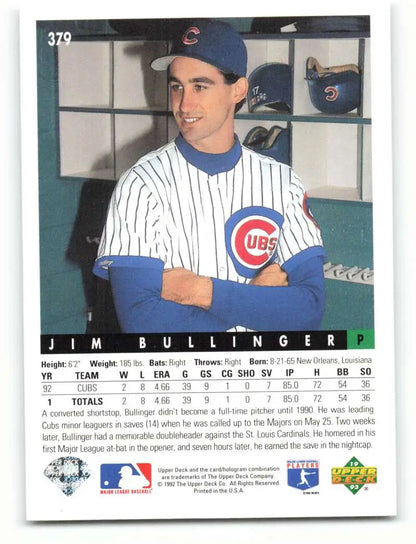 Chicago Cubs Baseball Card of Jim Bullinger in Pinstriped Uniform in Locker Room