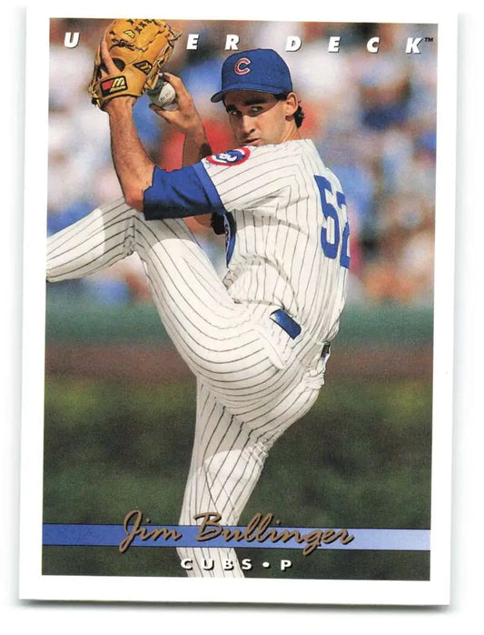 Chicago Cubs pitcher Jim Bullinger mid-delivery on the mound for baseball card display