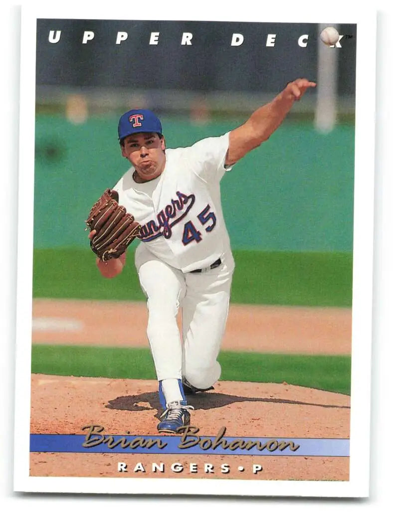 Baseball player Brian Bohanon in Texas Rangers uniform #45 pitching a baseball card