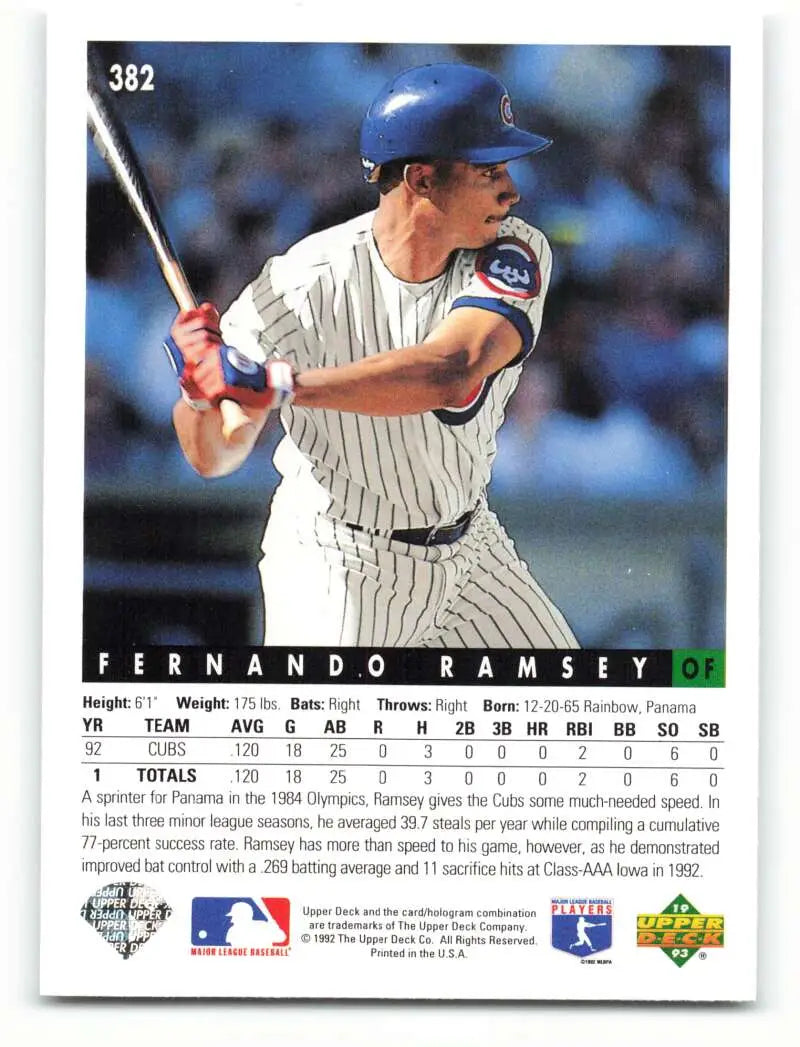 Fernando Ramsey in white pinstriped uniform at bat on Chicago Cubs Upper Deck card