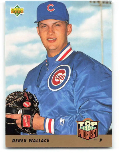 Baseball card of Derek Wallace in blue Chicago Cubs team jacket from 1993 Upper Deck