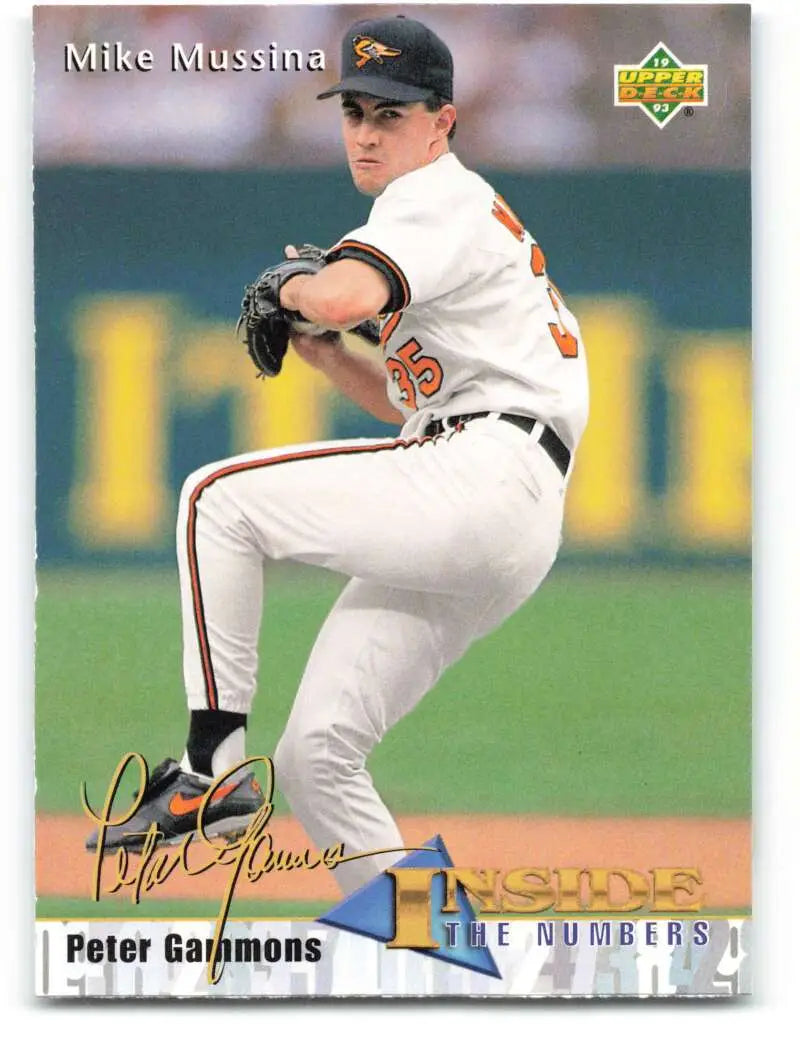 Baseball card of Mike Mussina, Baltimore Orioles pitcher in mid-delivery motion