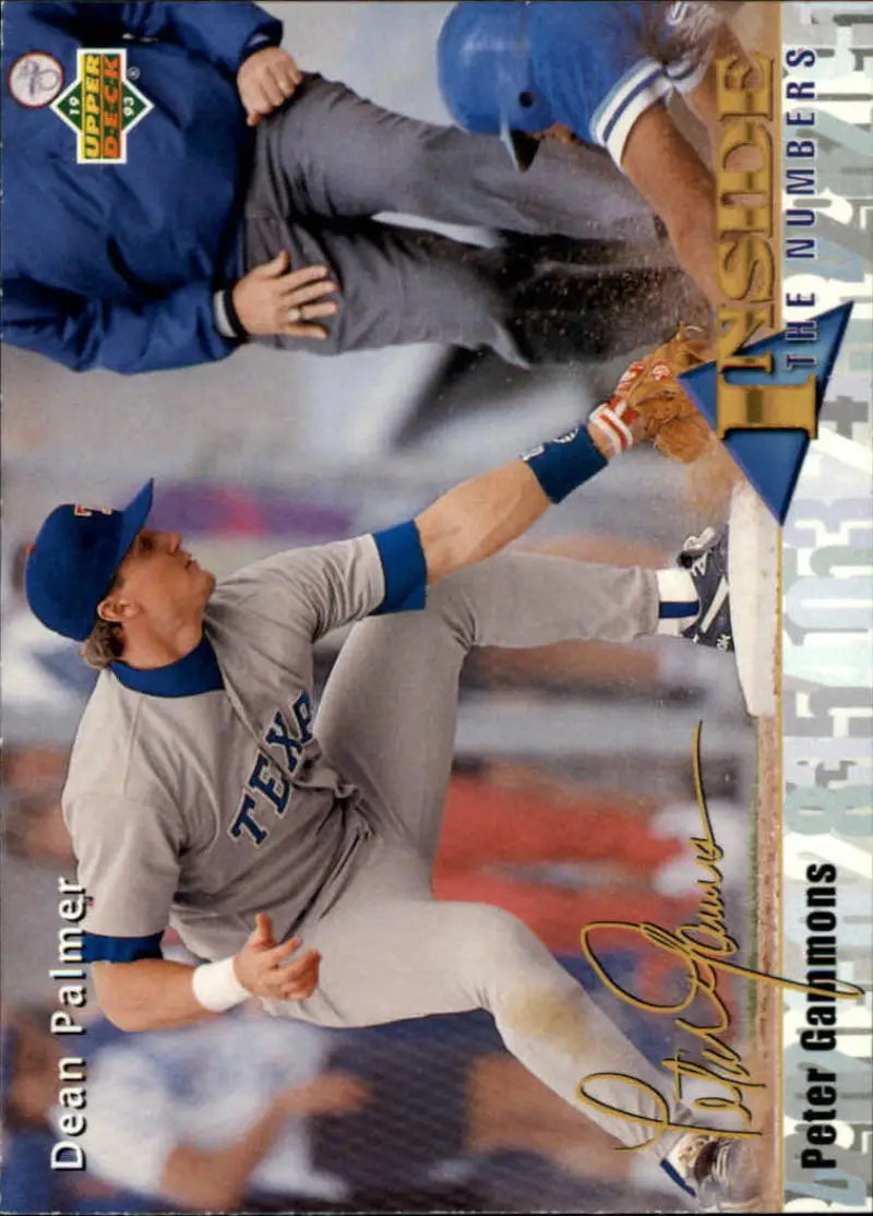 Baseball player Dean Palmer in gray uniform sliding into base for Texas Rangers card