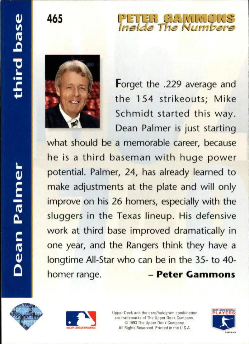 1993 Upper Deck Dean Palmer Texas Rangers Baseball Card with Peter Gammons quote