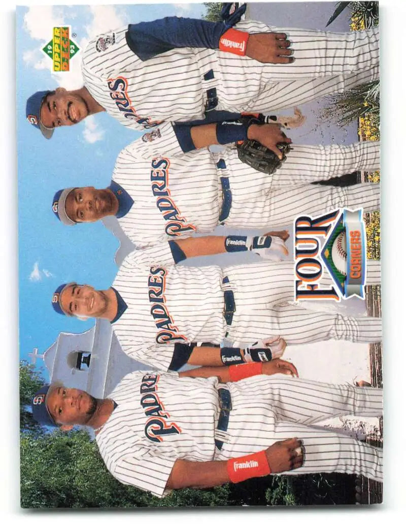 Four players in white pinstriped Colorado Rockies uniforms representing San Diego Padres baseball card