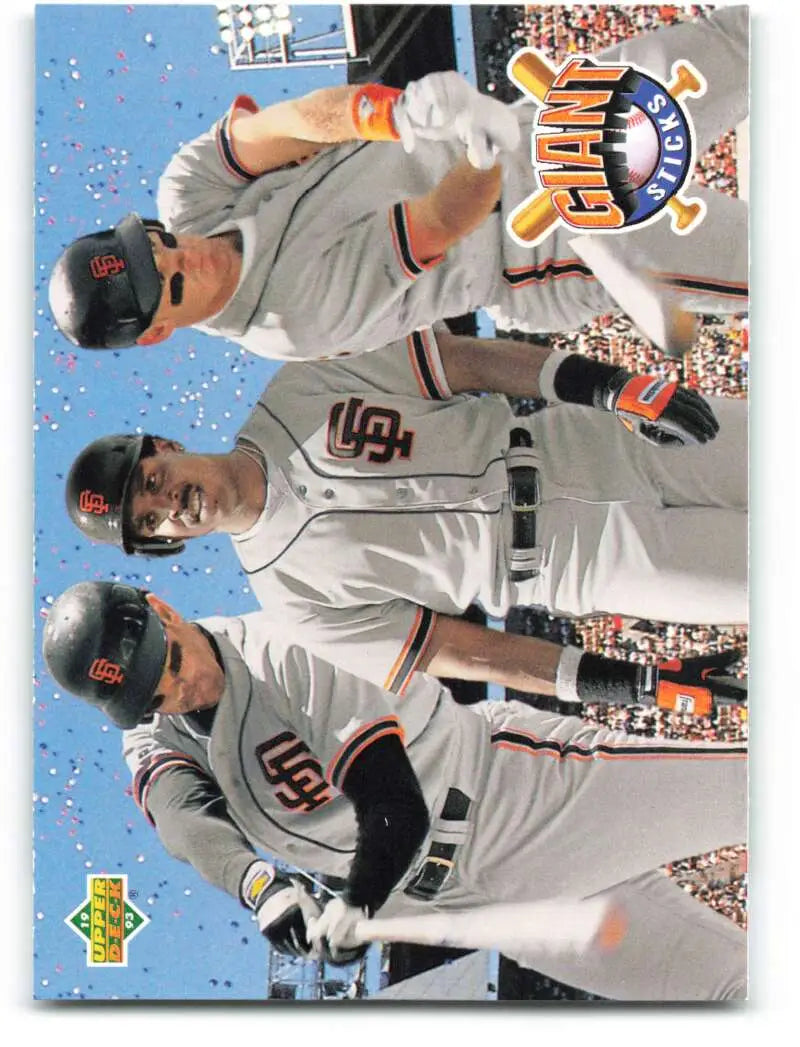 Baseball trading card of Barry Bonds, Matt Williams, and Will Clark in San Francisco uniforms