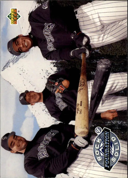 Baseball players in Colorado Rockies uniforms with bat from Upper Deck card featuring Dante Bichette