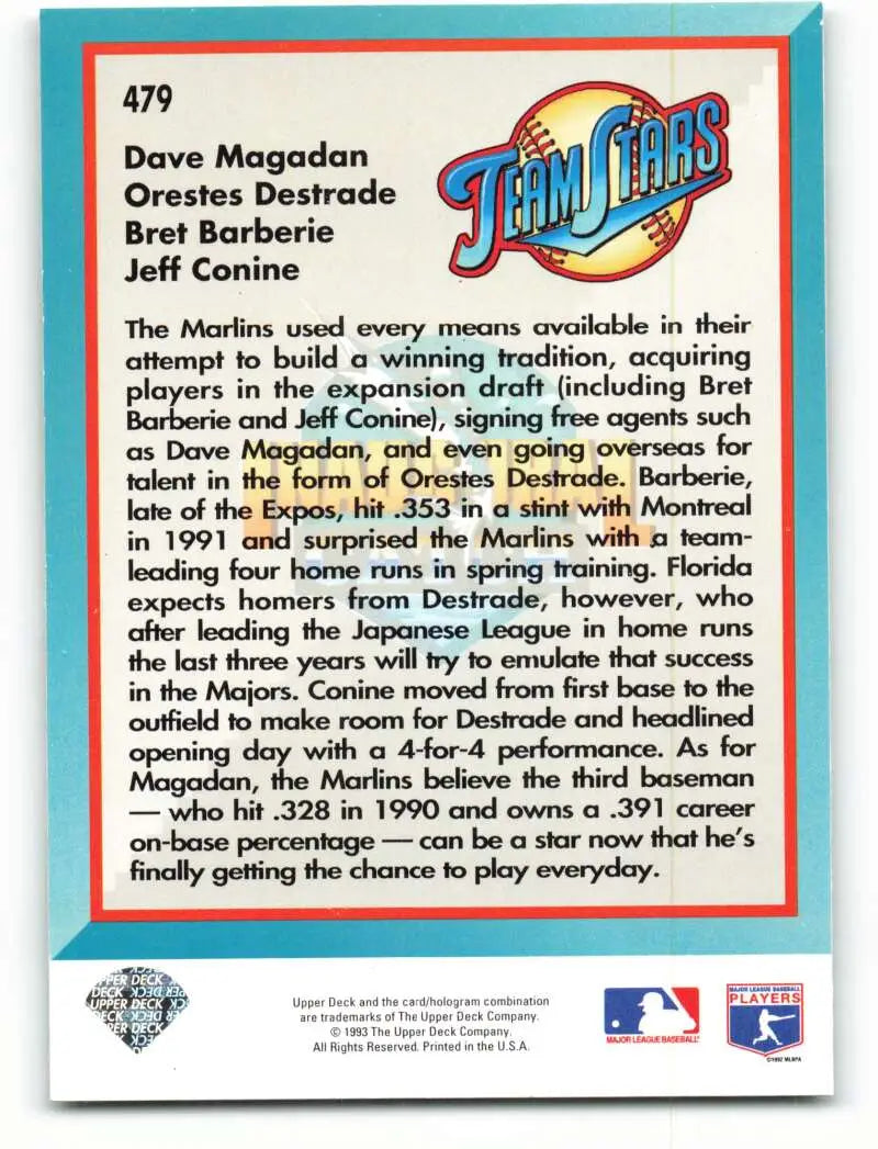 Florida Marlins team history on 1993 Upper Deck baseball card featuring Dave Magadan