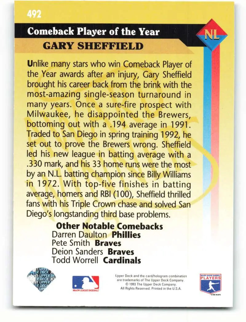 Baseball card featuring Gary Sheffield’s 1992 Comeback Player of the Year, San Diego Padres