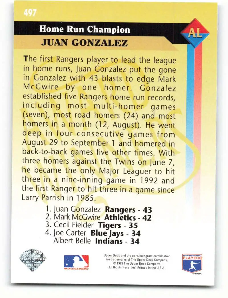 Baseball card of Juan Gonzalez showcasing his Texas Rangers home run champion stats