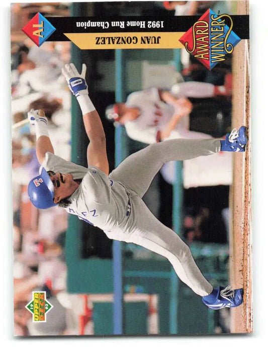 Texas Rangers player Juan Gonzalez making an acrobatic catch in Upper Deck card