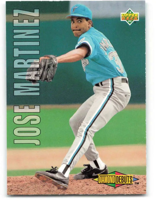 Baseball player in teal Florida Marlins uniform pitching, featuring Jose Martinez Rookie Card