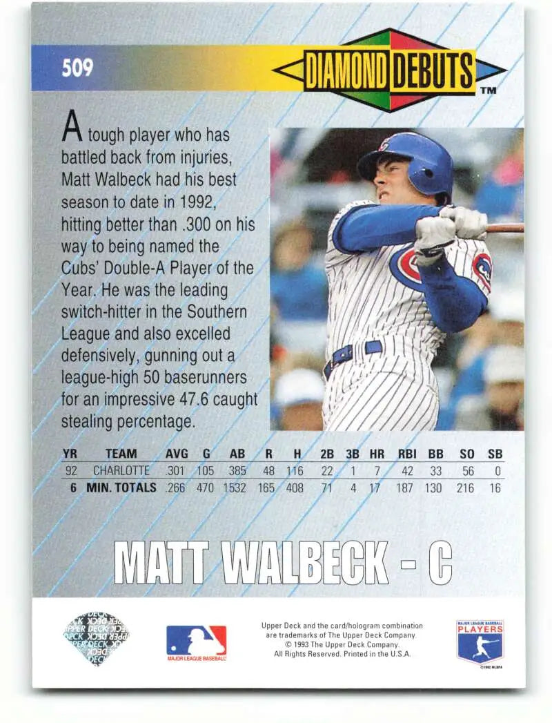 Matt Walbeck baseball card in white pinstriped uniform at bat, Upper Deck 1993