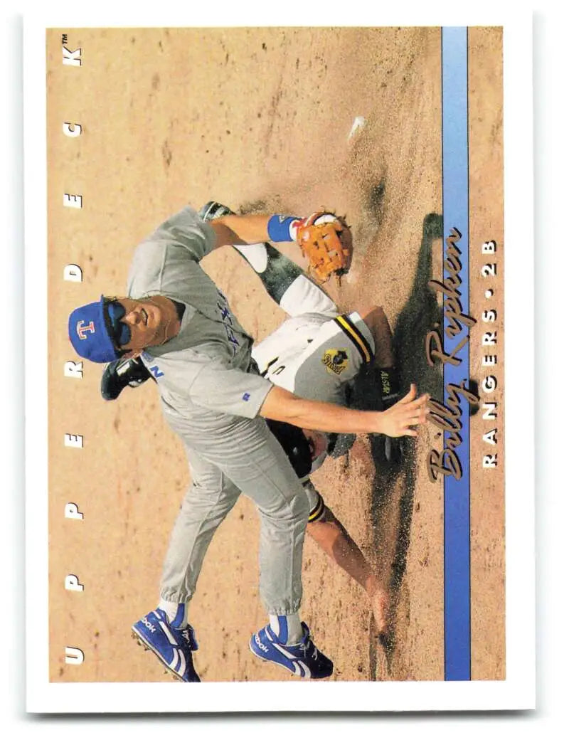 Baseball player sliding into base in gray uniform on Billy Ripken Texas Rangers card