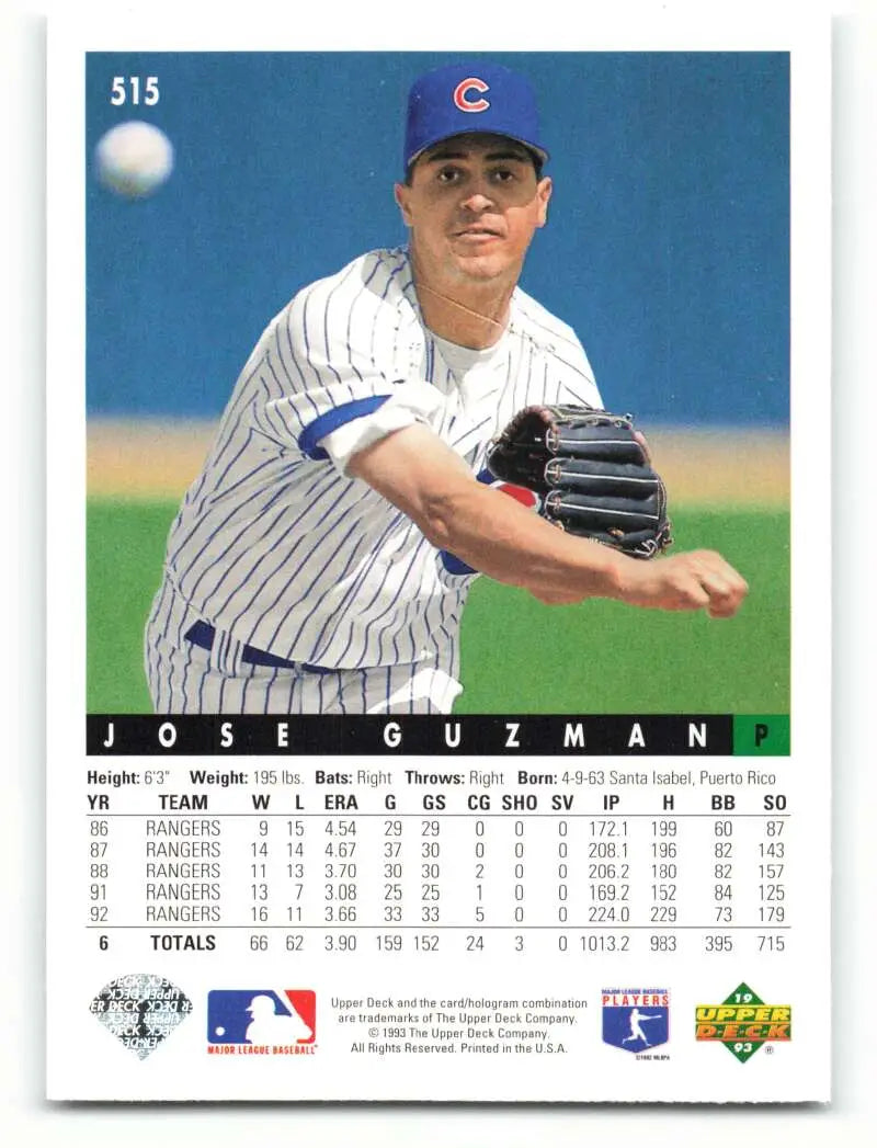 Jose Guzman pitching for the Chicago Cubs in pinstriped home uniform baseball card