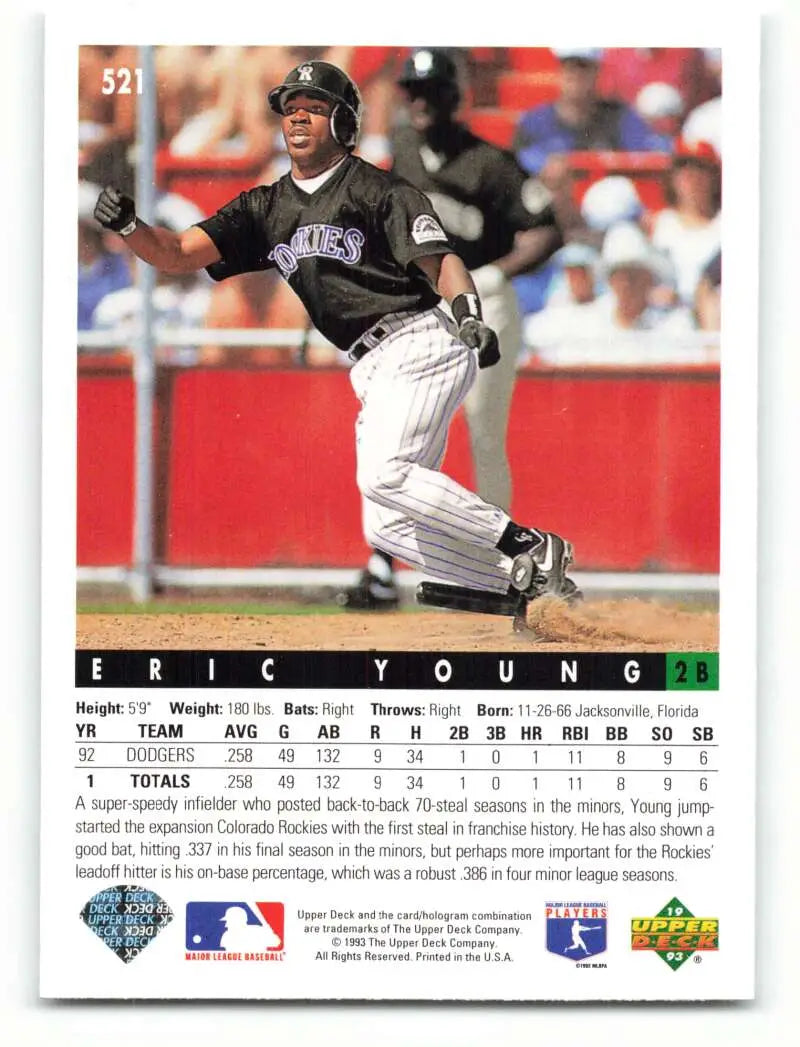 Baseball player in Florida Marlins uniform swinging bat in 1993 Upper Deck Eric Young card