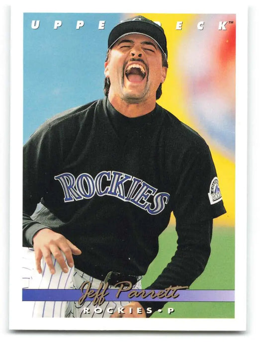 Jeff Parrett laughing in Colorado Rockies uniform on 1993 Upper Deck baseball card