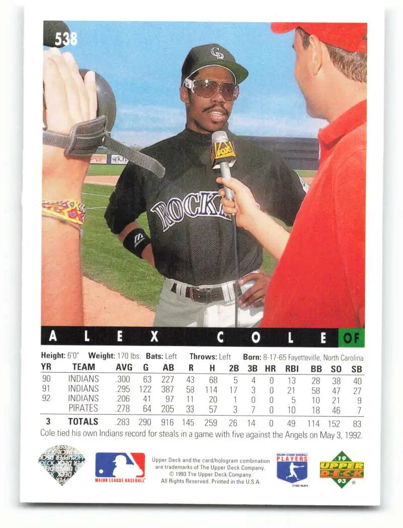 Baseball card featuring Alex Cole being interviewed on the field for the Colorado Rockies