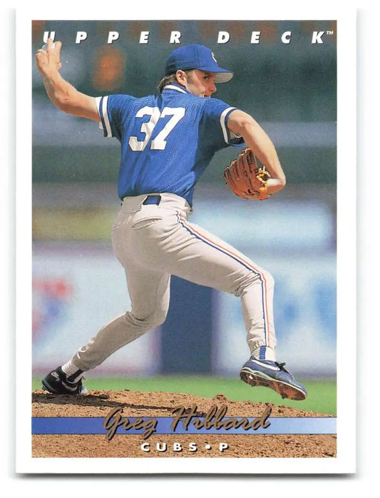 Greg Hibbard in blue jersey 37 pitching for Chicago Cubs on baseball card image