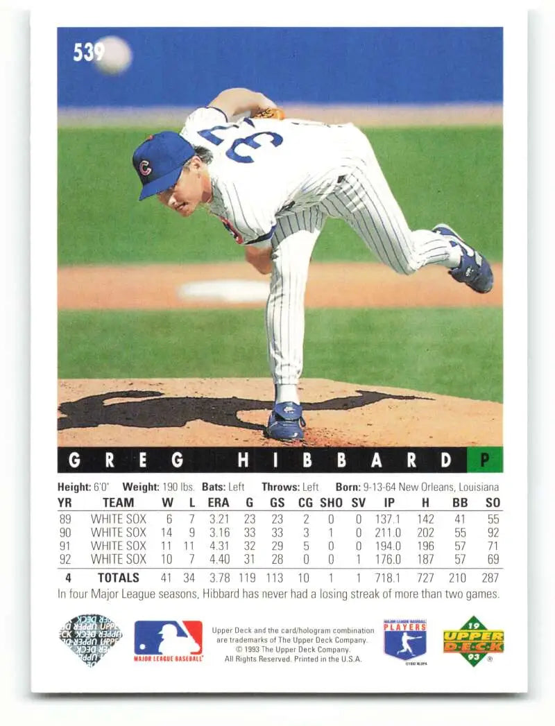 Greg Hibbard Chicago Cubs Baseball Card featuring pitcher in pinstriped uniform