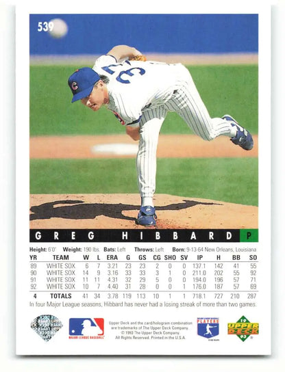 Greg Hibbard Chicago Cubs Baseball Card featuring pitcher in pinstriped uniform