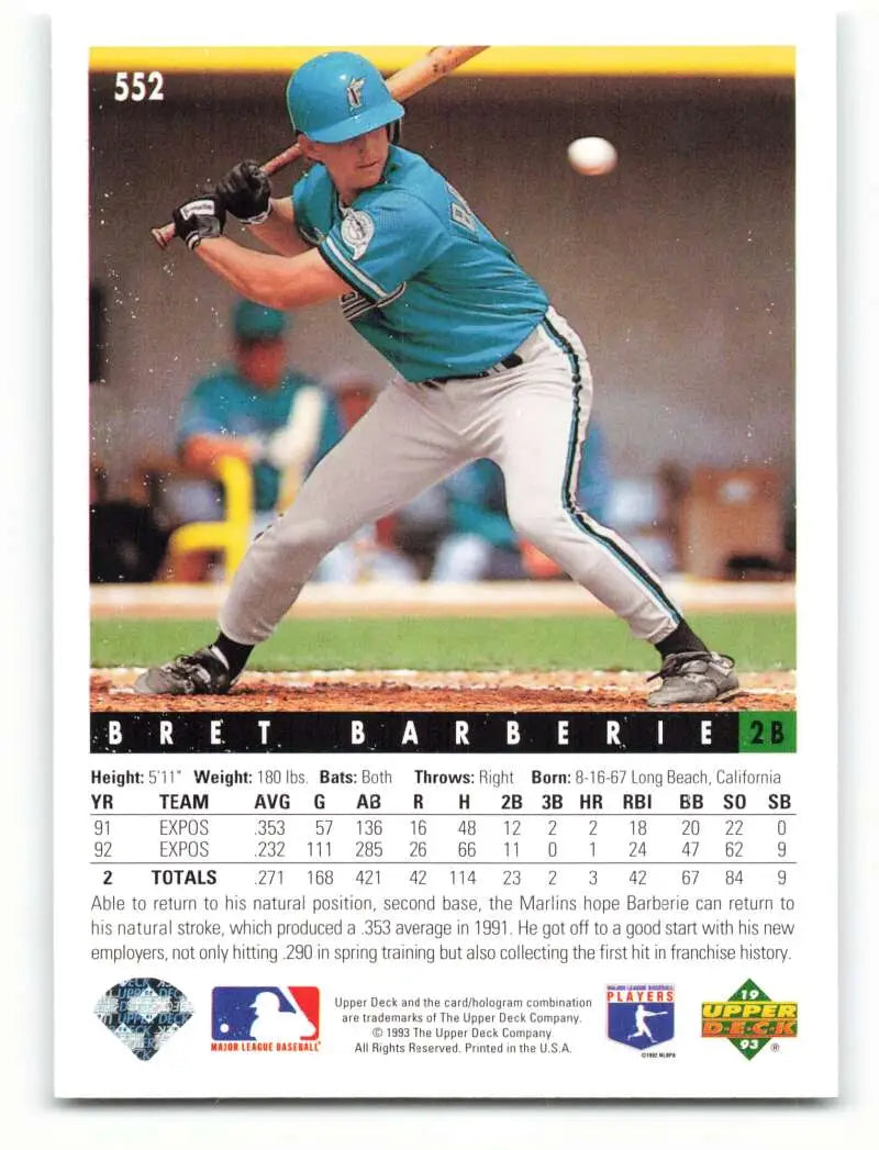 Bret Barberie in teal Florida Marlins uniform bunting a pitch on baseball card