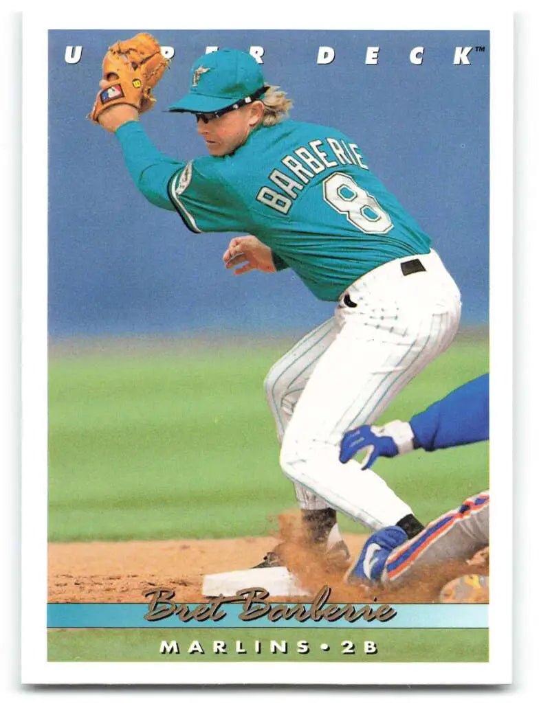 Bret Barberie makes a leaping play on this Florida Marlins baseball card