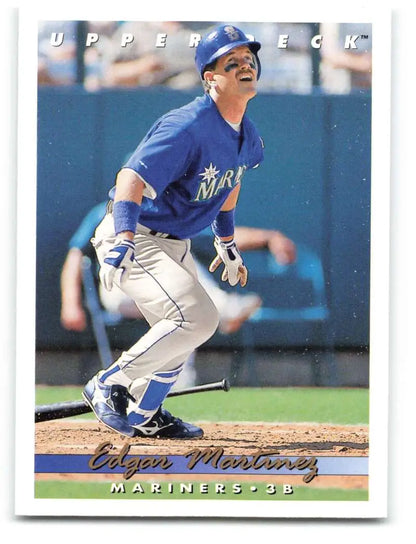 Baseball player in Mariners uniform swinging bat, Edgar Martinez Seattle Mariners card