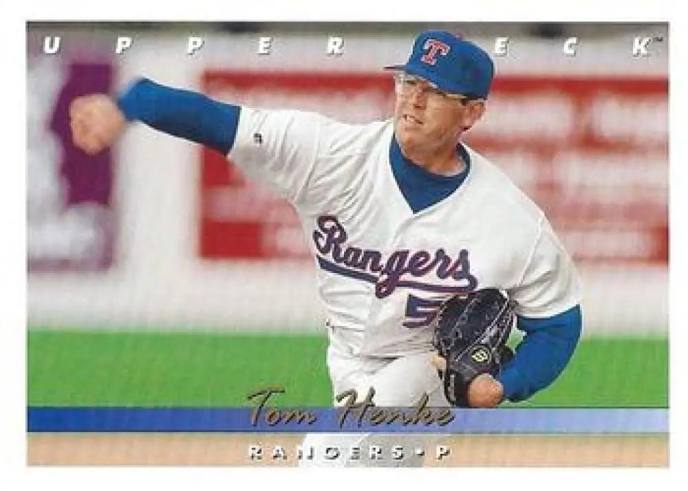 Texas Rangers pitcher Tom Henke in mid-throw on 1993 Upper Deck baseball card