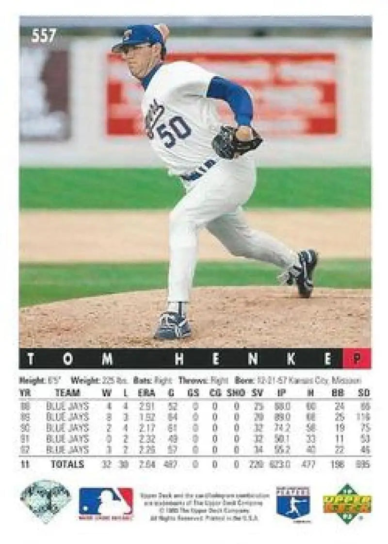 Baseball card of Tom Henke pitching for the Texas Rangers in a white uniform