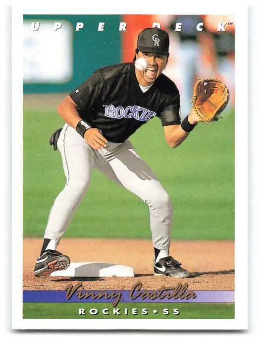 Vinny Castilla fielding at first base on a 1993 Upper Deck Colorado Rockies card