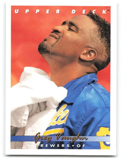 Upper Deck baseball card of Greg Vaughn in UCLA uniform for Milwaukee Brewers collection