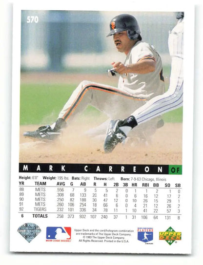 Mark Carreon sliding into base with dust on 1993 Upper Deck San Francisco Giants baseball card