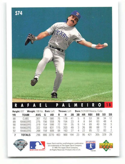 Baseball player Rafael Palmeiro making a catch in Texas Rangers uniform, 1993 card