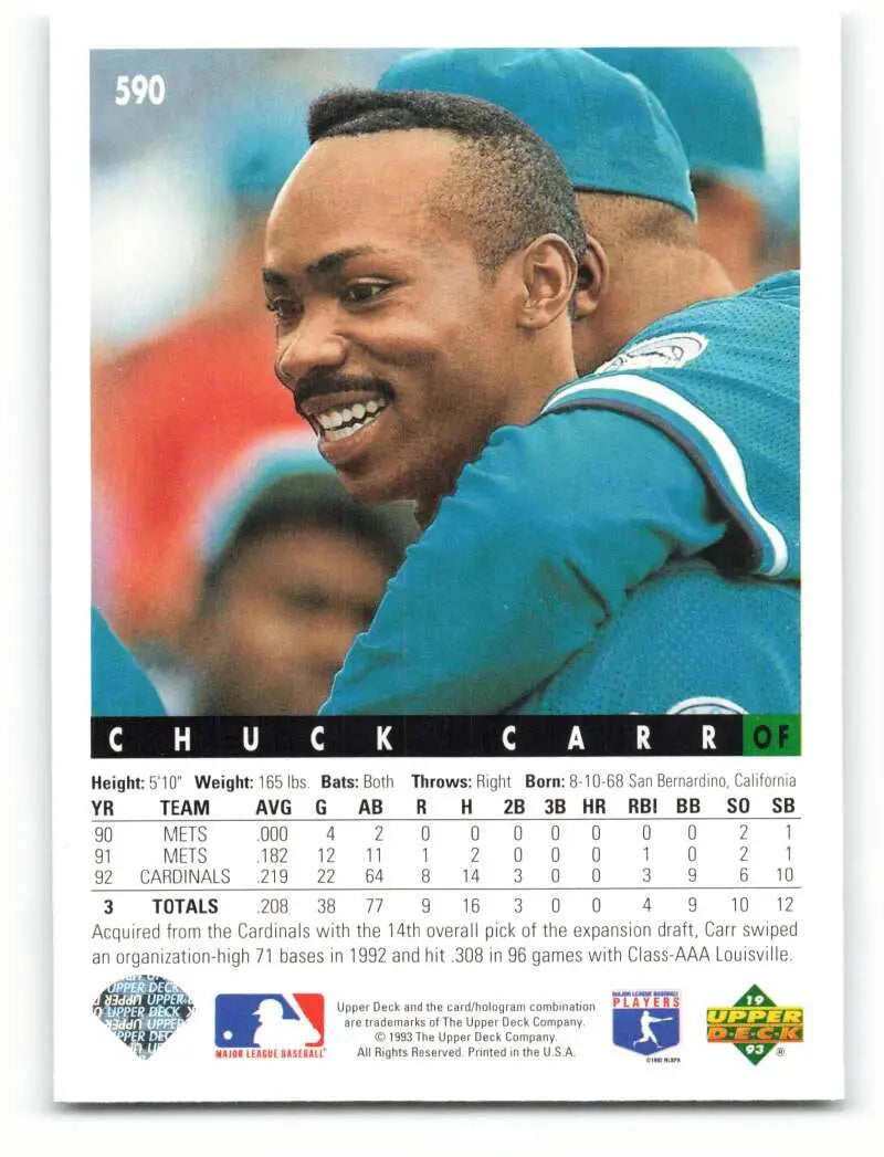 Chuck Carr in teal uniform smiles on 1993 Upper Deck #590 Florida Marlins card