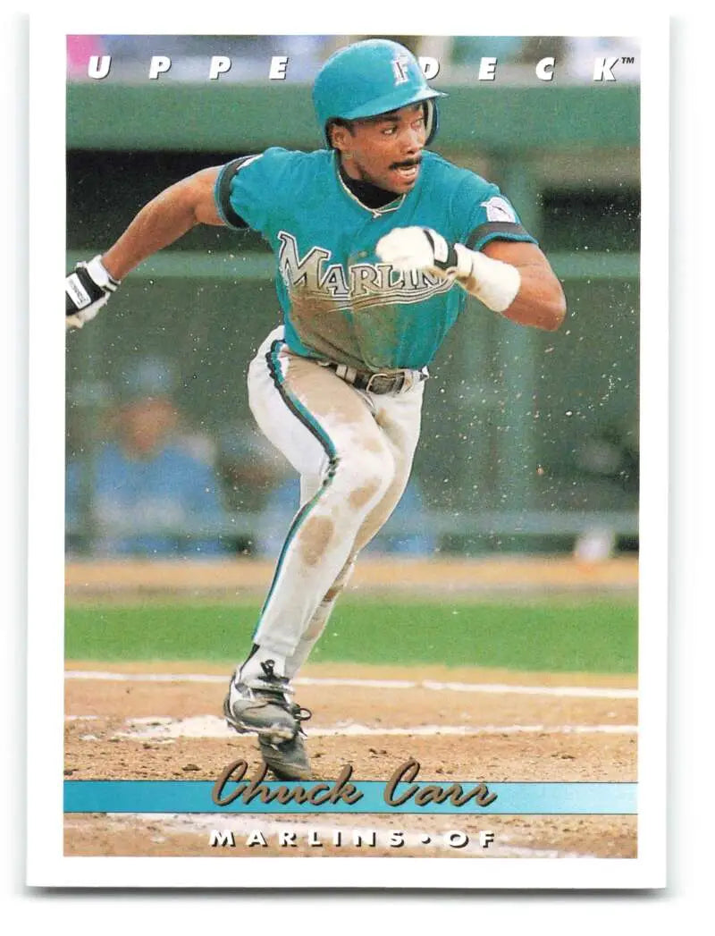 Florida Marlins baseball card of Chuck Carr running to first base, 1993 Upper Deck