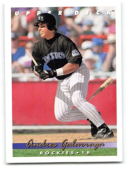 Baseball player in Colorado Rockies uniform swinging bat on 1993 Upper Deck card