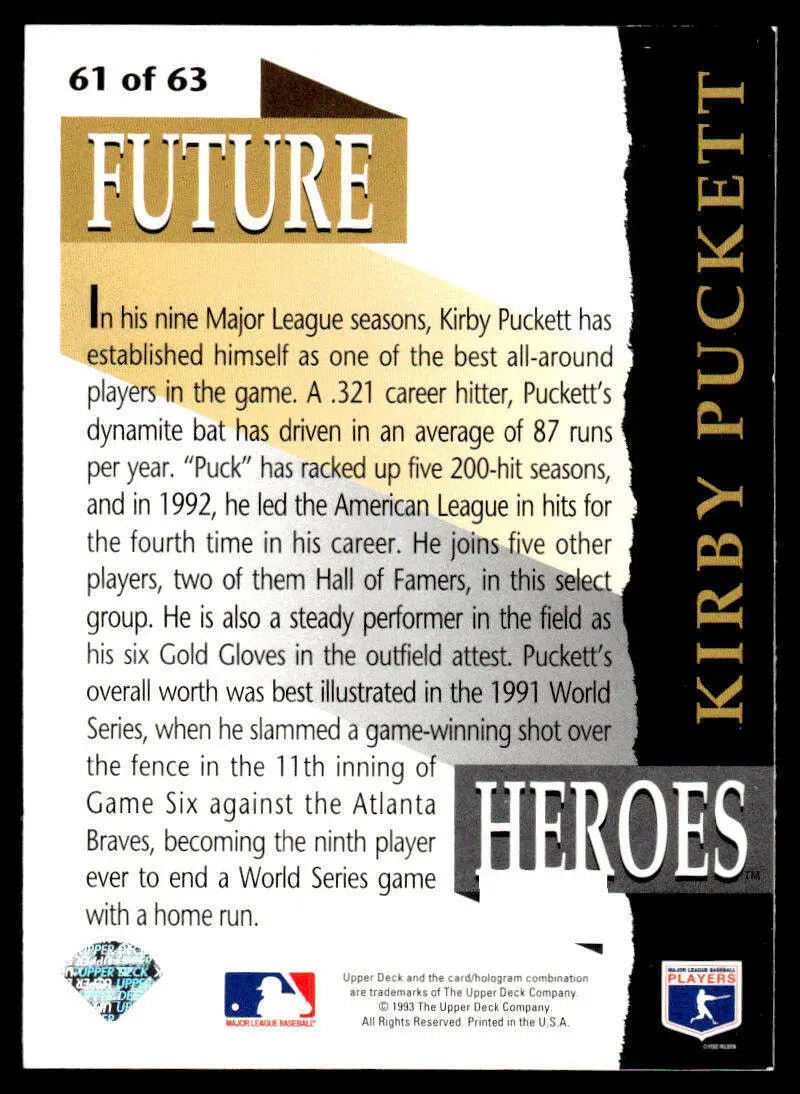 Baseball trading card of Kirby Puckett with Future Heroes and stats for Minnesota Twins